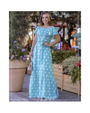 Vestido longo manga ciganinha verde e poá | Moda Evangelica